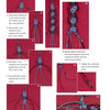 “Macrame Today” by Schiffer Publishing, Ltd. features 12 photo panels on a red background, using blue and black cords to show step-by-step instructions for hand placement, cord arrangement, and knot progress in decorative macrame patterns.