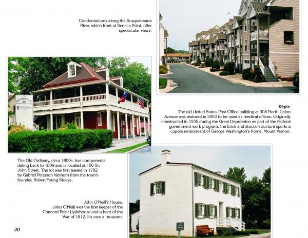 A collage in Schiffer Publishing, Ltd.'s "Havre de Grace" shows condos by a river, a red porch inn with flags, a white post office, and a two-story white house with green shutters, each captioned with Chesapeake Bay history.