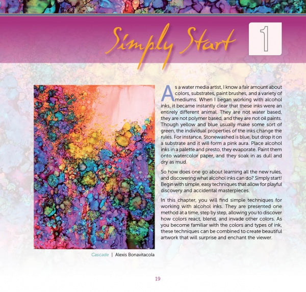 A colorful abstract painting with vibrant swirls in pink, blue, aqua, and yellow appears on a magazine page featuring "Pigments of Your Imagination" by Schiffer Publishing, Ltd., with text on alcohol ink techniques and inspiration.