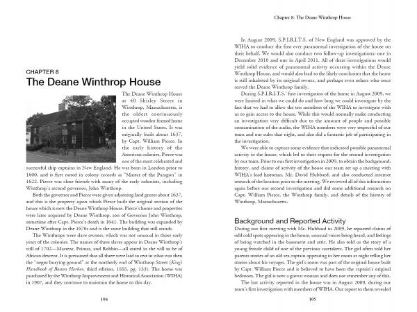 A spread from "Paranormal Research" by Schiffer Publishing, Ltd. features Chapter 8, The Deane Winthrop House, with a black-and-white photo of the historic house and two columns of text on its history and paranormal investigations.