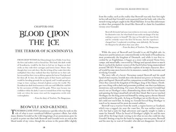 Pages 18 and 19 of Schiffer Publishing, Ltd.’s "Interview with the Boogeyman" show chapter one, featuring detailed analysis that weaves Scandinavian horror folklore into discussions of Beowulf, Grendel, and the legacy of northern terror.