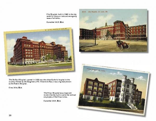 Greetings From St. Louis by Schiffer Publishing, Ltd. features three vintage postcards of iconic hospitals—two grand red-brick buildings and one elegant white stone structure—each with descriptions and historical notes on these local landmarks.