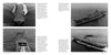 Four black-and-white photos from Schiffer Publishing, Ltd. show Essex-class carriers like USS Lexington (CV/CVA-16) at sea, seen from above and the side, cutting through calm water and leaving distinctive wakes.