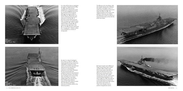 Four black-and-white photos from Schiffer Publishing, Ltd. show Essex-class carriers like USS Lexington (CV/CVA-16) at sea, seen from above and the side, cutting through calm water and leaving distinctive wakes.