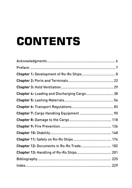 The Ro-Ro Handbook by Schiffer Publishing, Ltd. includes a table of contents with chapters on development, ports, ventilation, cargo handling, lashing materials, regulations, fire prevention, and safety—essential for ship operations.