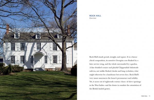 A large white Georgian-style house evokes historic charm on a green lawn under a sunny sky, with text about Rock Hall to the right. From Americana by Schiffer Publishing, Ltd.