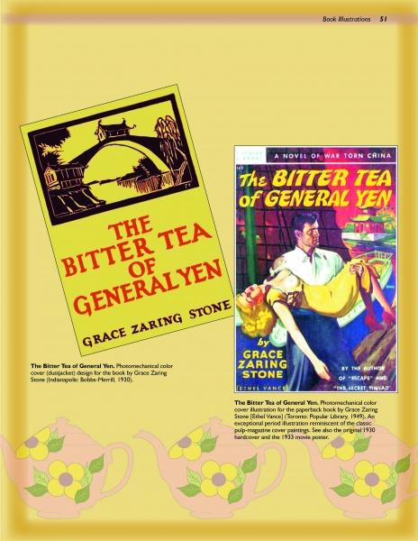 Two book covers of The Bitter Tea of General Yen by Grace Zaring Stone—one yellow with red text, another illustrated with a couple and dramatic backdrop, accented by Tea Art by Schiffer Publishing, Ltd., featuring teapot graphics along the bottom.