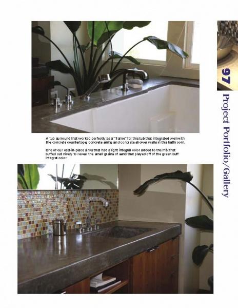Two images feature a modern bathroom with Cast-in-Place Concrete Countertops by Schiffer Publishing, Ltd., a rectangular tub, chrome fixtures, mosaic tile backsplash, and large green plants, for a natural, contemporary look.