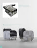 Inspired by Paul Evans, Schiffer Publishing, Ltd. offers two modern chairs with black leather upholstery and a matching L-shaped table featuring a geometric metallic patchwork design, set against a light grey background.