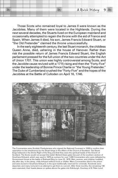 A page from Scottish Ghosts by Schiffer Publishing, Ltd. discusses Jacobites and Scottish history, shows a photo of a gated stone grave memorial, and links Greyfriars Kirkyard to haunted Scotland and chilling ghost stories.