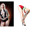 Two tattooed women strike bold pinup poses, one in a black bodysuit and the other in red and green latex, echoing Robert Alvarado's style. Featured in "Alvarado's All-American Girls" by Schiffer Publishing, Ltd.