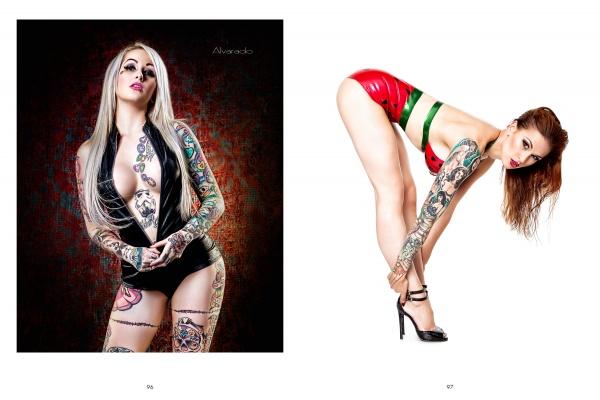 Two tattooed women strike bold pinup poses, one in a black bodysuit and the other in red and green latex, echoing Robert Alvarado's style. Featured in "Alvarado's All-American Girls" by Schiffer Publishing, Ltd.