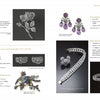 A catalog page features "Beyond Fabergé" by Schiffer Publishing, Ltd., showcasing jewelry inspired by Romanov treasures—such as rings, brooches, earrings, and bracelets—each described with text and pricing on a white background.