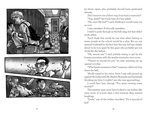 A black and white page from "The Kids of Widney Junior High Take Over the World!" by Schiffer Publishing, Ltd. shows bullies pushing a boy in a hallway on one side and soaking him with water on the other.