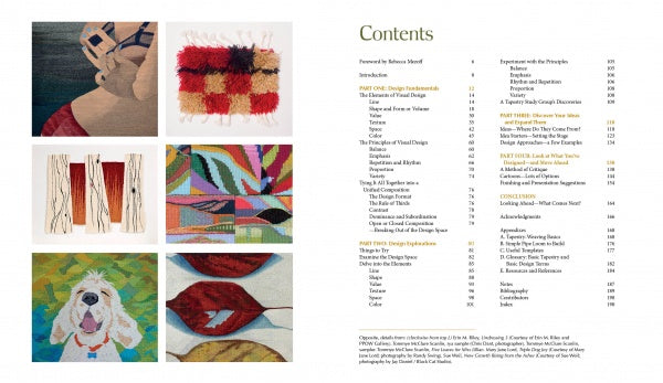 On the left is a grid of six colorful woven artworks; on the right, the contents page for "Tapestry Design Basics and Beyond" by Schiffer Publishing, Ltd., listing chapters, design concepts, and page numbers for tapestry weaving.