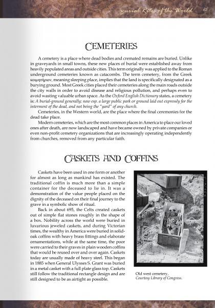 A book page from Schiffer Publishing, Ltd.’s "Cemetery Gates" shows black text on a light background, with two sections—Cemeteries and Caskets and Coffins—and a small black-and-white cemetery photo evoking funeral rituals.