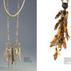 Two necklaces from "On Body and Soul" by Schiffer Publishing, Ltd. The left features gold links with white bone-like charms; the right has silver elements with brown and tan feather-like clusters. Each is described below.