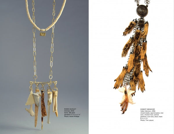 Two necklaces from "On Body and Soul" by Schiffer Publishing, Ltd. The left features gold links with white bone-like charms; the right has silver elements with brown and tan feather-like clusters. Each is described below.