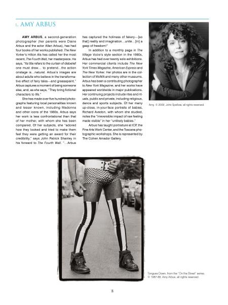 A page from "100 New York Photographers" by Schiffer Publishing, Ltd. features Amy Arbus’s biography, her black-and-white portrait in the upper right, a fine art photo of striped pants below, and career text along the left.