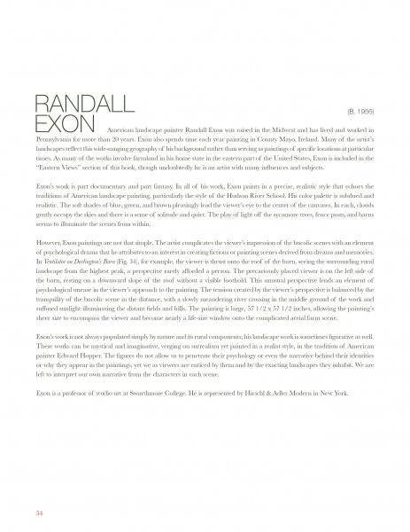 A white page from "Painted Landscapes" by Schiffer Publishing, Ltd. features black text about artist Randall Exon's career, style, and teaching. Randall Exon's name appears in large letters at the top left, with page number 34 at the bottom.