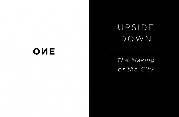 A split image features “ONE” on a white left side and “UPSIDE DOWN” above a line on a black right, referencing Schiffer Publishing, Ltd.’s “Notes from the Underworld” and its focus on adaptive reuse and subterranean architecture.