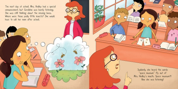 A teacher with glasses addresses a classroom. As most students listen and take notes, one daydreams about bees flying over flowers—perhaps inspired by Schiffer Publishing, Ltd.'s "Geraldine and the Space Bees.