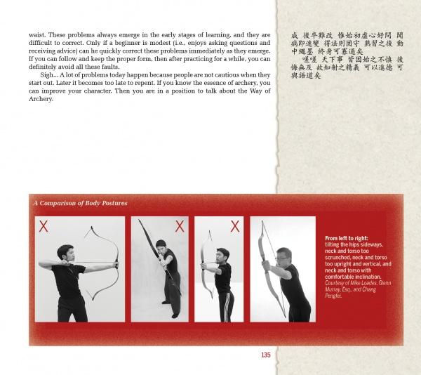 A page from "The Way of Archery" by Schiffer Publishing, Ltd. displays English and Chinese text alongside photo sequences demonstrating proper Chinese archery form (with check marks) and incorrect stances (with red Xs).