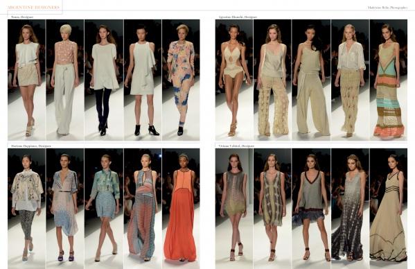 A collage from Schiffer Publishing, Ltd.’s The SFP LookBook: Mercedes-Benz Fashion Week Spring 2014 Collections shows models in light, flowy, patterned dresses and pants, highlighting the season’s trends on the runway.