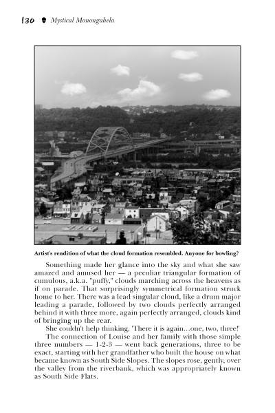 A black-and-white book page from "Supernatural Pittsburgh and Its Suburbs" (Schiffer Publishing, Ltd.) shows a bridge over a river, with clouds resembling bowling pins above, as a woman senses the city's haunted atmosphere and ghostly tales.