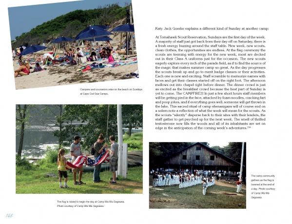 A page from "Hello Mother, Hello Father: Celebrating Summer Camp" by Schiffer Publishing, Ltd. depicts camp life: campers on a beach, children folding a flag by the lake, and a group at a summer camp ceremony—timeless camp traditions.