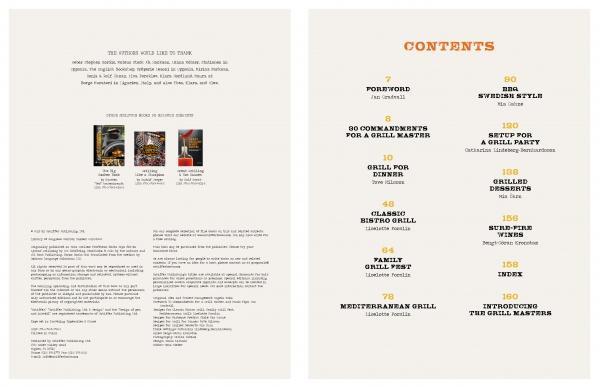 Two pages from "Grill Skills: Professional Tips for the Perfect Barbeque" by Schiffer Publishing, Ltd. are shown. The left lists authors, credits, and other book images; the right features a bold table of contents with grilling tips and recipes.