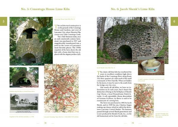 Two pages from Schiffer Publishing, Ltd.'s "The Story of Lime and the Lime Kilns of Lancaster County" showcase historical arched stone kilns amid woodlands, with photos, text, old maps showing kiln sites, and an image of a salve tin on each page.