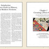 Two pages from "Floor Cloths, Quilts, and Pages" by Schiffer Publishing, Ltd.: the left page covers the history of painted floor cloths; the right introduces Chapter 1 with a geometric floor cloth and arranged art supplies for home decor inspiration.