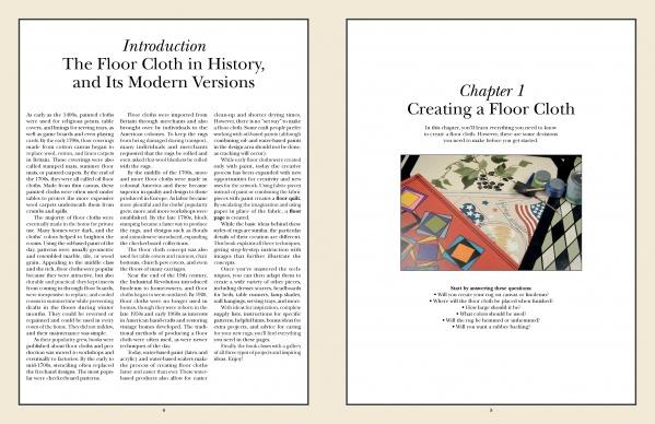 Two pages from "Floor Cloths, Quilts, and Pages" by Schiffer Publishing, Ltd.: the left page covers the history of painted floor cloths; the right introduces Chapter 1 with a geometric floor cloth and arranged art supplies for home decor inspiration.