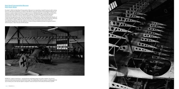 Black and white photos showcase aviation history as workers assemble vintage airplanes in a hangar, including the skeletal Fokker Dr. 1 by Schiffer Publishing, Ltd., marked with a cross on its tail.