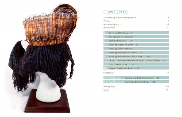 3-D Hand Loom Weaving by Schiffer Publishing, Ltd. features a sculptural woven textile with dark copper threads on a white stand, alongside a table of contents with book sections and page numbers in a modern layout.