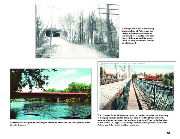 Greetings from Pottstown by Schiffer Publishing, Ltd.: Features a collage of three historic bridge photos—over a river in black-and-white, near Ringing Rocks Park in color, and an old Hanover Street bridge—with descriptive text for each.