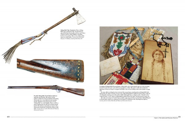 A two-page spread from "Artifacts of the Battle of Little Big Horn" by Schiffer Publishing, Ltd. displays photos of Native American artifacts, including a beaded tomahawk, rifle, decorated gunstock, bag, feather, and a sepia portrait.