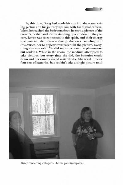 A black-and-white photo from "Ghost Quest in New Hampshire" by Schiffer Publishing, Ltd. shows two blurry figures by a window, one faintly transparent—evoking a paranormal investigation. The image features printed text above and a caption below.