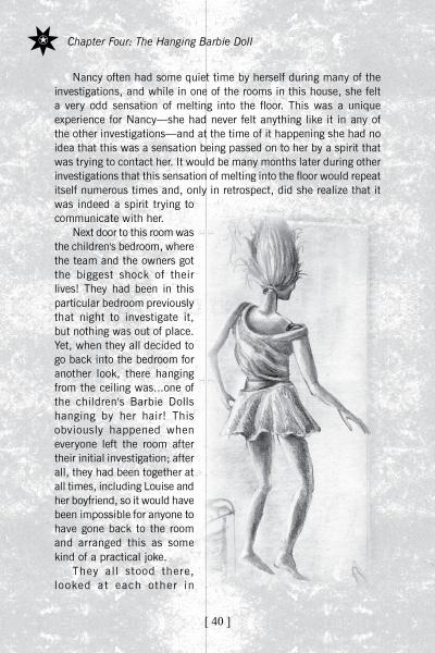 A page from "Welcome to Haunted Las Vegas, Nevada" by Schiffer Publishing, Ltd. features text and a black-and-white sketch of a messy-haired doll on tiptoe, viewed from behind, under the chapter "The Hanging Barbie Doll.