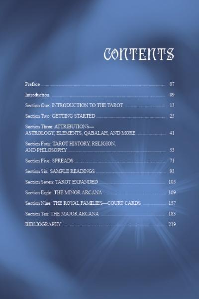 The Tarot table of contents by Schiffer Publishing, Ltd. features a blue background with a white mystical light and covers tarot introduction, history, spreads, arcana symbolism, sample readings, dream interpretations, and bibliography.