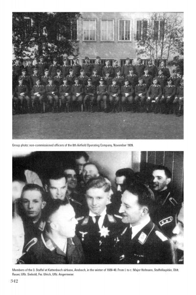 Top: Uniformed members of Kampfgeschwader 53 Legion Condor pose in rows outside a building. Bottom: WWII airmen gather indoors, many focusing on a smiling central figure. Product by Schiffer Publishing, Ltd.