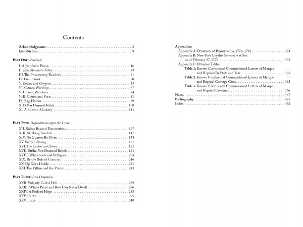 The table of contents in "Privateers of the Revolution" by Schiffer Publishing, Ltd. lists sections like Acknowledgments, Introduction, chapters on Pennsylvania and New Jersey privateers, Appendices, Bibliography, and Index—all with page numbers.