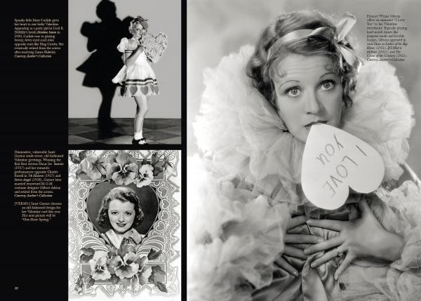A collage from "Hollywood Celebrates the Holidays" by Schiffer Publishing, Ltd. features three black-and-white vintage photos of a woman in a frilly dress—one with a heart-shaped LOVE YOU sign, others of her posing and framed by floral and text accents.