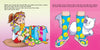 A girl with brown hair in a ponytail sits on a pink floor surrounded by colorful clothes, trying on long, smiley-faced socks from Jocelyn's Box of Socks by Schiffer Publishing, Ltd., with her white dog beside her in a playful scene.