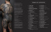 A heavily tattooed man stands with his back to the camera, showing an intricate full-back tattoo. To the right, the Table of Contents for "Knives and Needles" by Schiffer Publishing, Ltd. highlights tattoo artists and unique home recipes.