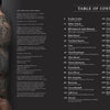 A heavily tattooed man stands with his back to the camera, showing an intricate full-back tattoo. To the right, the Table of Contents for "Knives and Needles" by Schiffer Publishing, Ltd. highlights tattoo artists and unique home recipes.