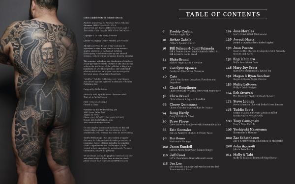 A heavily tattooed man stands with his back to the camera, showing an intricate full-back tattoo. To the right, the Table of Contents for "Knives and Needles" by Schiffer Publishing, Ltd. highlights tattoo artists and unique home recipes.
