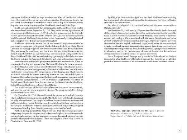 Two pages in Lost in Legend by Schiffer Publishing, Ltd. discuss Blackbeard and artifacts; the right page features a black-and-white photo of a Trysheet syringe found on Queen Anne’s Revenge, linking it to South Carolina legends and shipwrecks.
