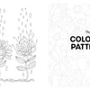 Black-and-white illustration of whimsical flowers and leaves with raindrops, alongside a page labeled "Part 2 COLORING PATTERNS"—from the Happy Place Coloring Book by Schiffer Publishing, Ltd., ideal for adult coloring or journal prompts.